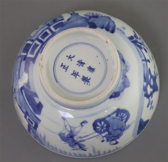 A Chinese blue and white bowl, Yongzheng six character mark and of the period (1723-35), D. 17.5cm, fritting to the rim